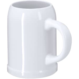 A drink bottle with a glossy white finish, featuring a solid handle and a cylindrical shape. It includes a logo.
