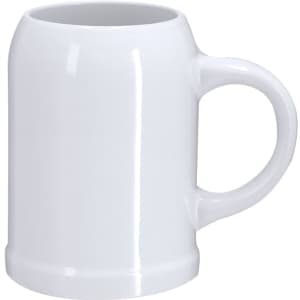 A drink bottle in white ceramic, featuring a rounded design and a sturdy handle. It has a simple logo.