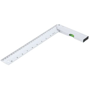 A white ruler with a square shape and a built-in level, marked with measurements along one edge.