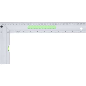 A ruler in silver and green, featuring a level bubble and marked with both metric and imperial measurements.