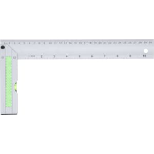 A ruler with a silver finish, featuring a green level bubble and measuring units, including both centimetres and inches.