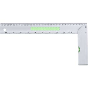 A white ruler with a green accent, featuring both metric and imperial measurements and a logo.