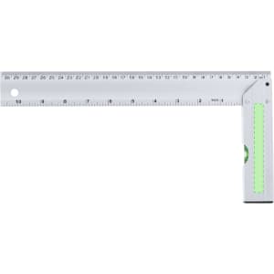 A white ruler with a green section, featuring measurements in inches and a branding logo.
