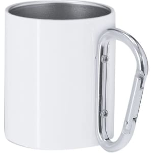 A white mug featuring a silver carabiner handle, designed for sublimation printing.