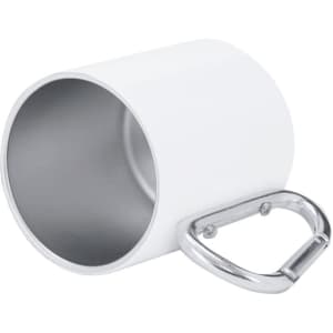 A white sublimation mug with a silver interior and a metal carabiner attached. It has a simple design and a logo.
