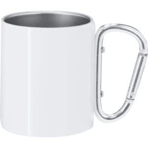 A white coffee mug with a metal carabiner handle, featuring a shiny interior.