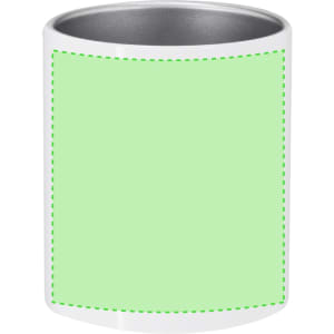 A white and green sublimation mug featuring a blank space for custom designs, with a metallic silver interior.