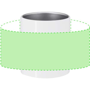 A white sublimation coffee mug with a silver interior and a decorative green band around its middle, featuring a logo.