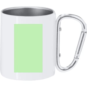 A white sublimation mug with a green design area and a silver carabiner handle.