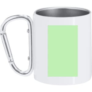 A white sublimation mug with a green design area and a metal carabiner attached to the handle.