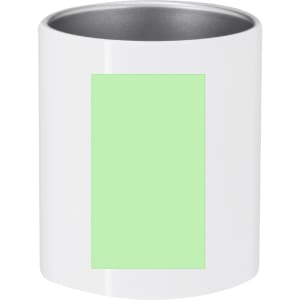 A white coffee mug featuring a green area for customisation, with a silver interior and a logo on the side.