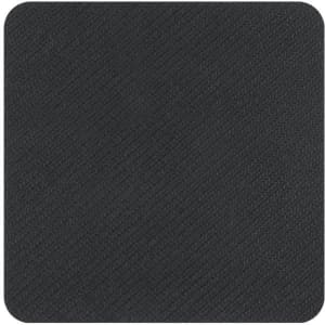A square black coaster with a textured surface and rounded corners, featuring a logo.