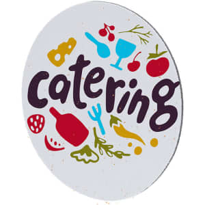 A round coaster with a colourful design featuring food icons and the word "catering" in bold, playful lettering.