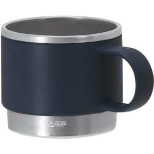 A dark blue stainless steel mug with a brushed metal base and a sturdy handle, featuring a logo.