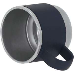 A coffee mug in navy blue with a silver interior and a handle, featuring a branding logo.
