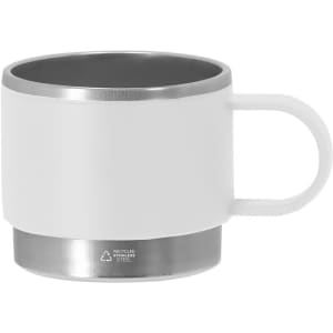 A white coffee mug with a stainless steel base and a handle. It features a sleek design and has a logo.