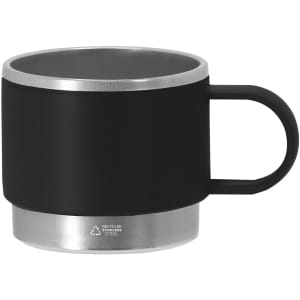 A coffee mug featuring a black body and metallic silver base, equipped with a handle and a logo.
