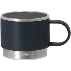 A drink mug in dark navy blue with a stainless steel base and a sleek handle, featuring a logo.