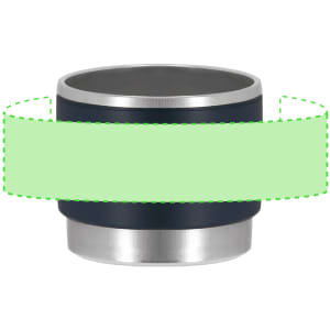 A coffee mug in navy blue with a stainless steel base and an unspecified logo.