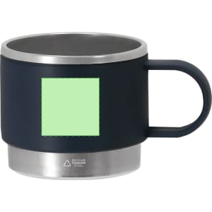 A coffee mug in navy blue with a stainless steel base, featuring a logo on one side.