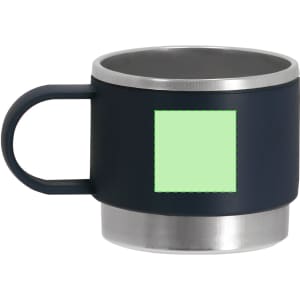 A navy blue coffee mug with a stainless steel base and a blank square area for custom branding.
