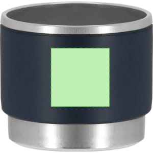 A coffee mug with a navy blue body and a silver base, featuring a blank square area and a logo.
