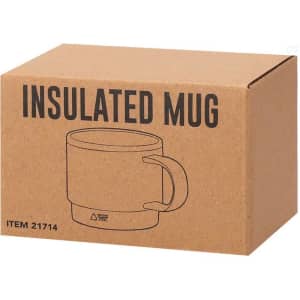 A box containing an insulated mug, featuring a handle and a simple design. The box is brown with a logo.