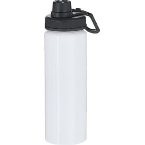 A drink bottle in white with a black lid and a handle, featuring a logo on its surface.