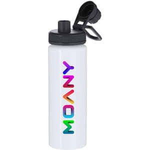 A drink bottle in white with a colourful logo, featuring a flip-top cap and a classic design.