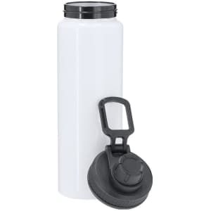 A drink bottle in white with a black lid and a flip-top cap, featuring a textured grip and a branding logo.