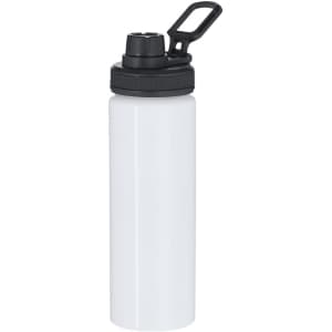 A drink bottle in white with a black lid and a flip-top cap, featuring a handle for easy carrying.