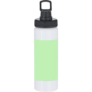 A drink bottle featuring a white body with a green section and a black cap. It includes a logo.