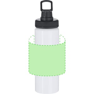 A drink bottle with a white body, black lid, and a green band around its middle, featuring a logo.