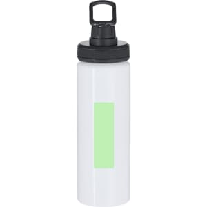 A white drink bottle with a black lid, featuring a rectangular green area and a branding logo.