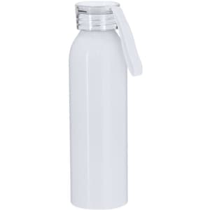 A drink bottle in white, featuring a secure lid and an attached strap. It has a smooth, sleek design.