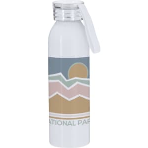 A drink bottle in white featuring a scenic design with pastel colours and a logo on the side.