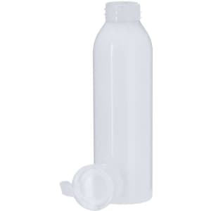 A drink bottle in white, featuring a screw-top lid and a smooth, glossy finish. It has a logo on the surface.