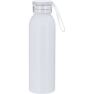 A drink bottle in white with a clear lid and a strap for easy carrying. It features a branding logo.