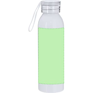 A drink bottle featuring a white body with a green area for customisation and a clear lid with a handle.