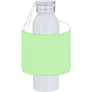 A drink bottle in white with a clear cap and a green blank label area for customisation.