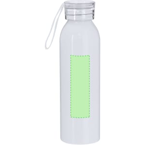A drink bottle in white with a transparent lid and a green dotted area for custom branding.