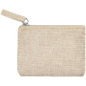 A beige textured purse with a zip closure and a wrist strap, featuring a logo.