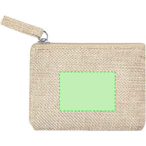 A textured beige purse with a zipper and a wrist strap, featuring a blank area for customisation.