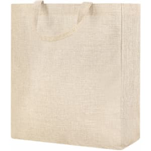 A beige tote bag with two handles and a textured design, featuring a logo.