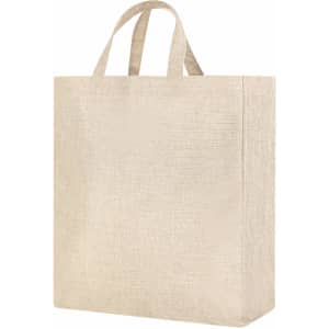 A beige tote bag with two handles, featuring a simple design and a subtle texture. It has a logo on one side.