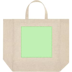 A large beige tote bag featuring a green sublimation area and two sturdy handles for easy carrying.