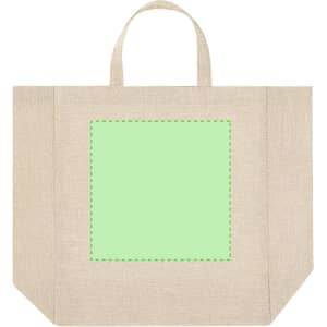 A beige tote bag featuring a green sublimation area. The bag has two sturdy handles and a spacious design.