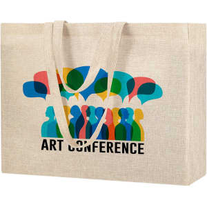 A large beige tote bag with colourful silhouettes and a logo design. It features two sturdy handles.