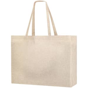 A large, beige tote bag with two long handles and a plain design, featuring a logo.