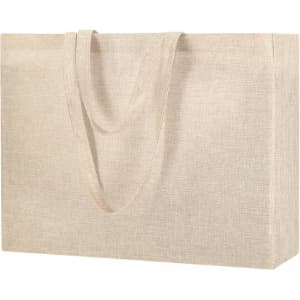 A large beige tote bag with sturdy handles and a simple design. It features a logo on one side.